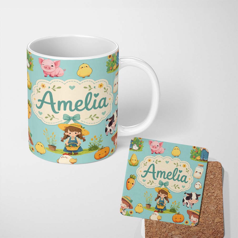 Personalized Custom Name Cute Farm Girl Animals Harvest Seamless Pattern Mint Background 11oz Ceramic Coffee Tea Mug White Large Handle