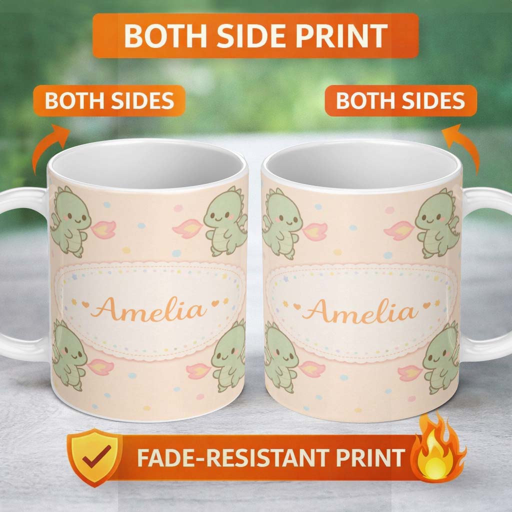 Personalized Custom Name Cute Baby Dinosaur Cartoon Animal Pattern Thoughtful Gift Idea 11oz Ceramic Coffee Tea Mug White Large Handle