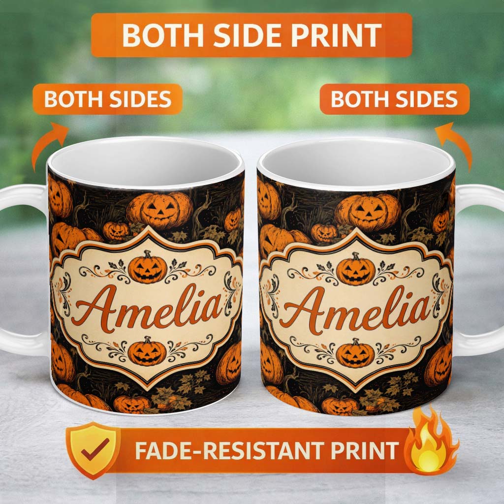 Personalized Custom Name Bold Halloween Pumpkin Illustration Pattern on Black with Autumn 11oz Ceramic Coffee Tea Mug White Large Handle