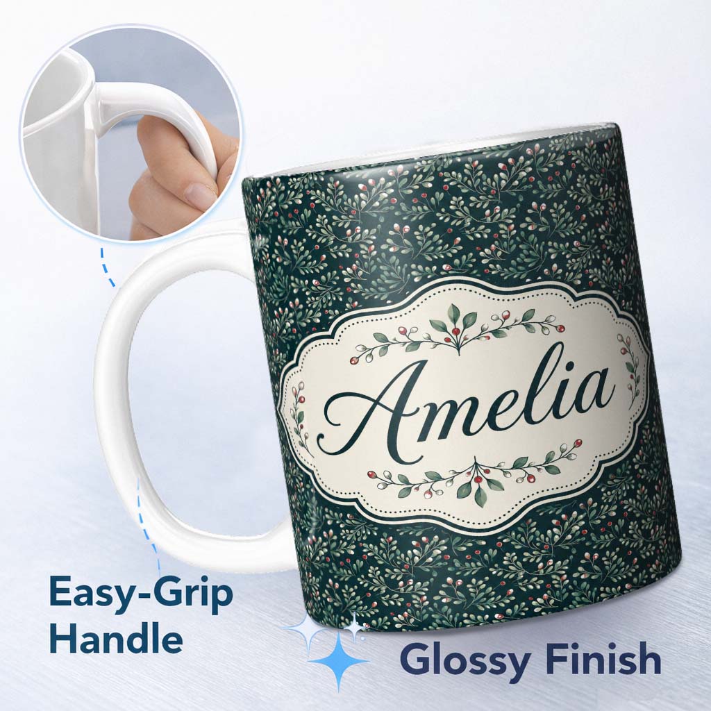 Personalized Custom Name Dark Green Botanical Leaves and Red Berry Detailed Pattern Lovely 11oz Ceramic Coffee Tea Mug White Large Handle