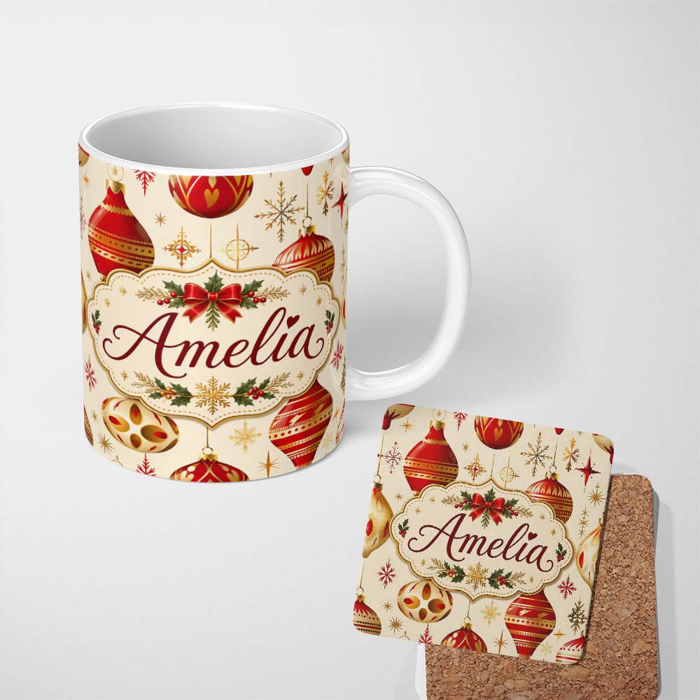 Personalized Custom Name Luxury Red and Gold Christmas Baubles Snowflakes and Star Elements 11oz Ceramic Coffee Tea Mug White Large Handle
