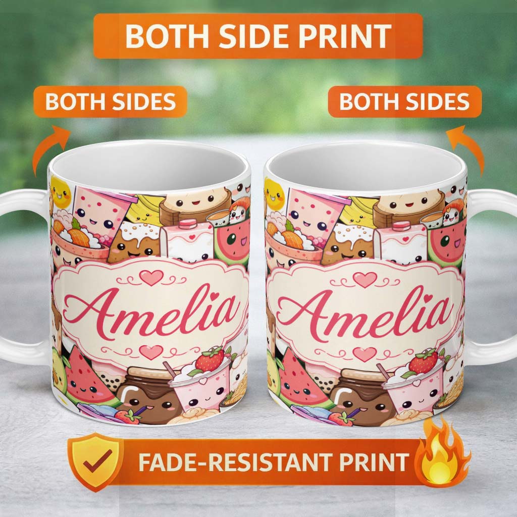 Personalized Custom Name Cute Kawaii Food Characters Seamless Pattern Cream Background Fun 11oz Ceramic Coffee Tea Mug White Large Handle