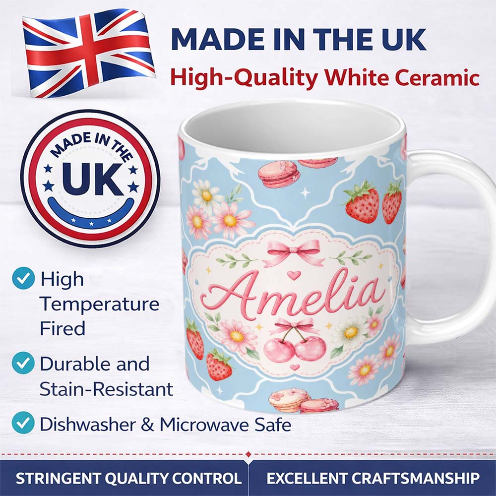 Personalized Custom Name Cute Strawberry Cherry Daisy Floral Bow Sweet Dessert Dusty Blue 11oz Ceramic Coffee Tea Mug White Large Handle