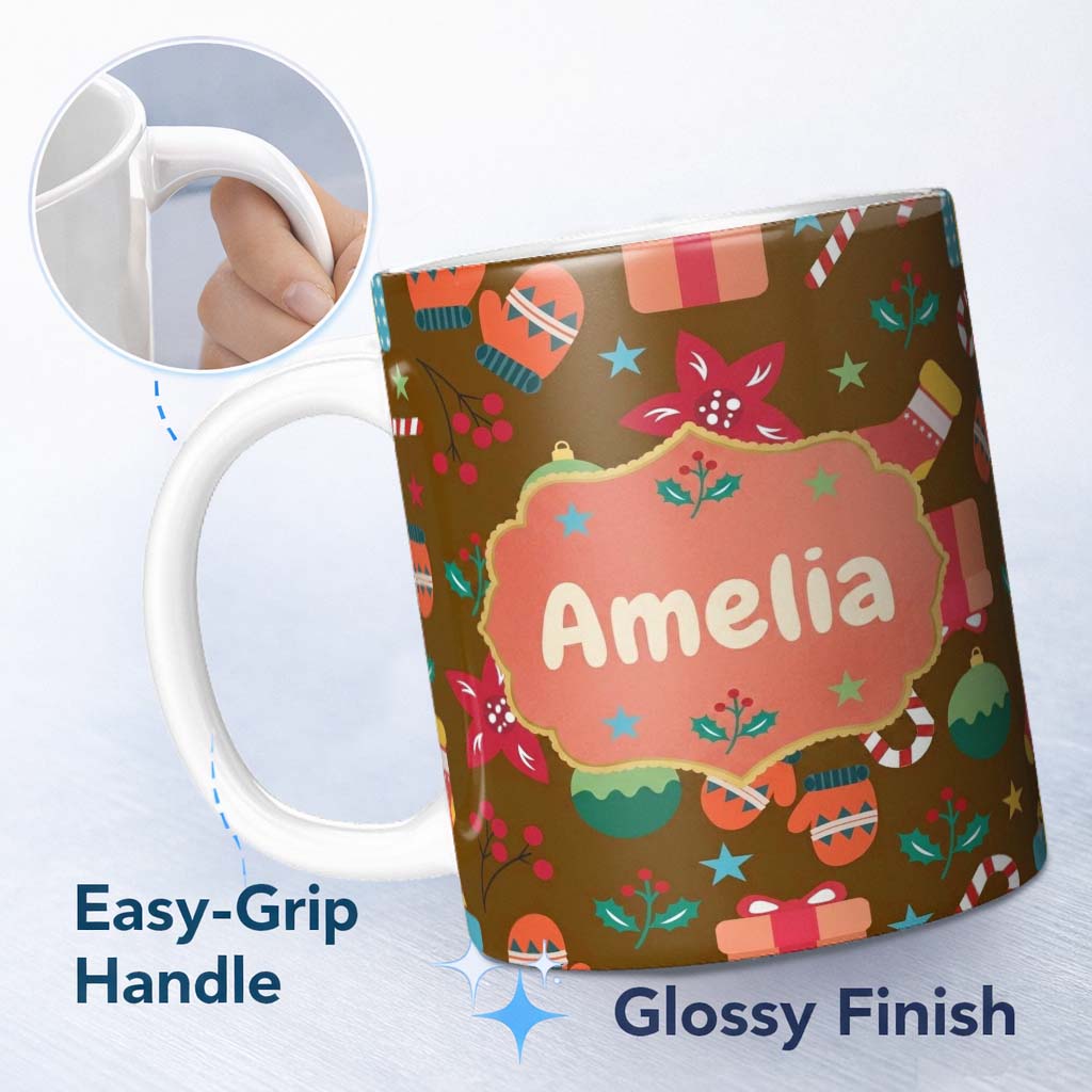 Personalized Custom Name Christmas Mittens Baubles Candy Cane Floral Holiday Seamless Pattern 11oz Ceramic Coffee Tea Mug White Large Handle