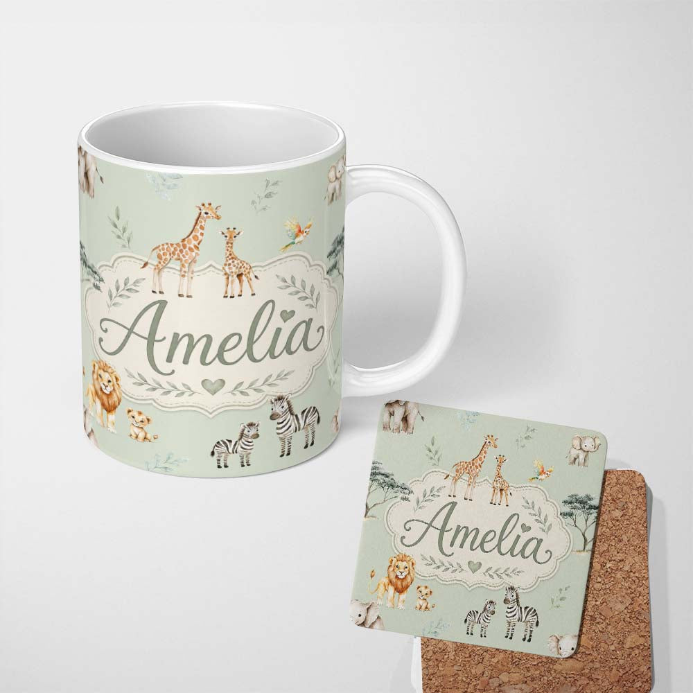 Personalized Custom Name Safari Animals Giraffe Lion Zebra on Sage Green Seamless Pattern 11oz Ceramic Coffee Tea Mug White Large Handle
