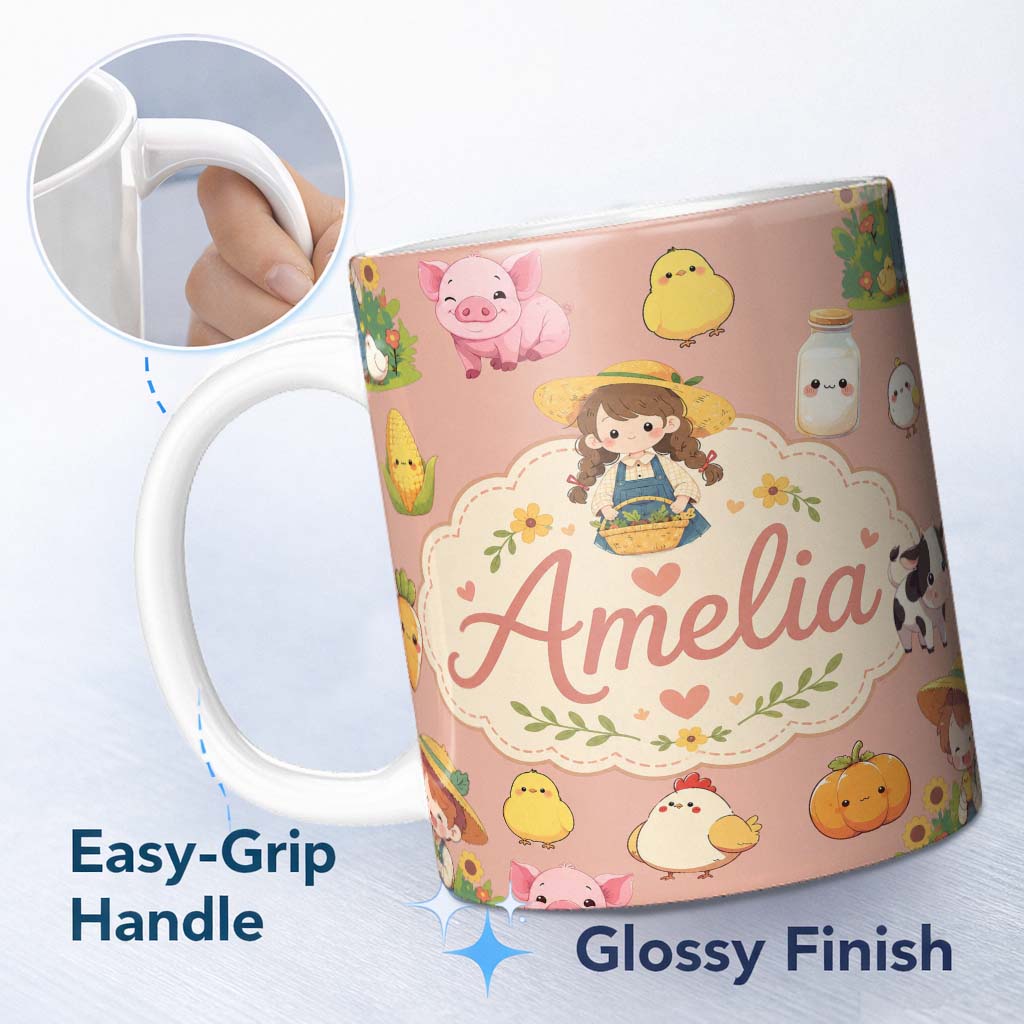 Personalized Custom Name Cute Farm Animals Girl Pig Cow Chicken Peach Background Seamless 11oz Ceramic Coffee Tea Mug White Large Handle