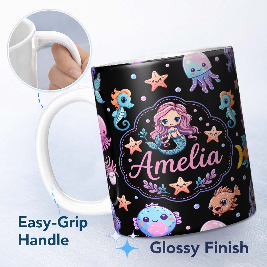 Personalized Custom Name Cute Cartoon Mermaid with Sea Creatures on Black Background Kids 11oz Ceramic Coffee Tea Mug White Large Handle