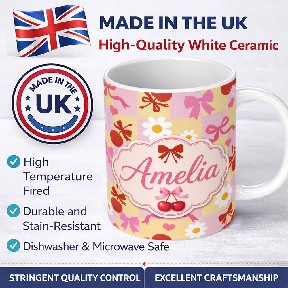 Personalized Custom Name Cute Cherry Bow Daisy Heart on Pink and Yellow Gingham Background 11oz Ceramic Coffee Tea Mug White Large Handle