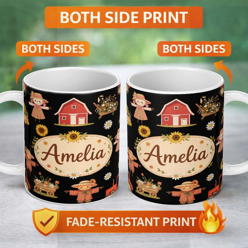 Personalized Custom Name Cute Autumn Scarecrow Barn Flowers Seamless Pattern Black Background 11oz Ceramic Coffee Tea Mug White Large Handle