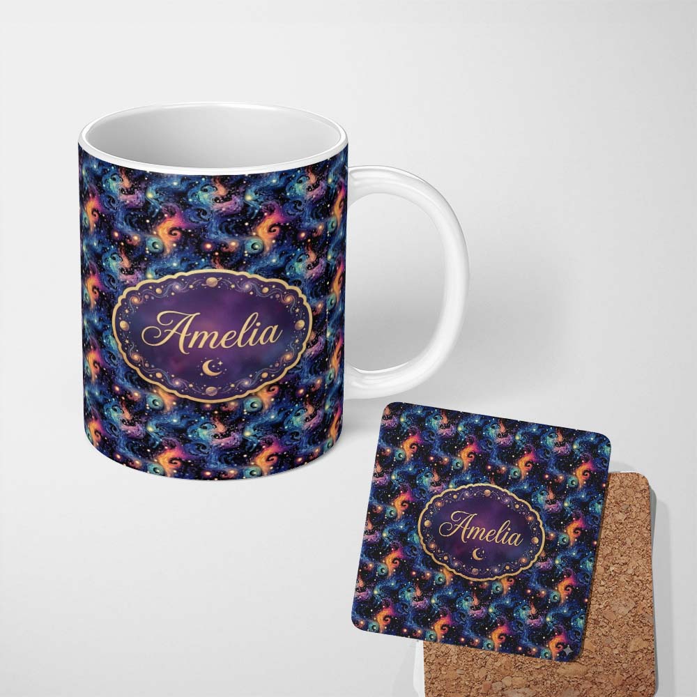 Personalized Custom Name Swirling Colorful Galaxy Abstract Space Seamless Pattern Vibrant 11oz Ceramic Coffee Tea Mug White Large Handle