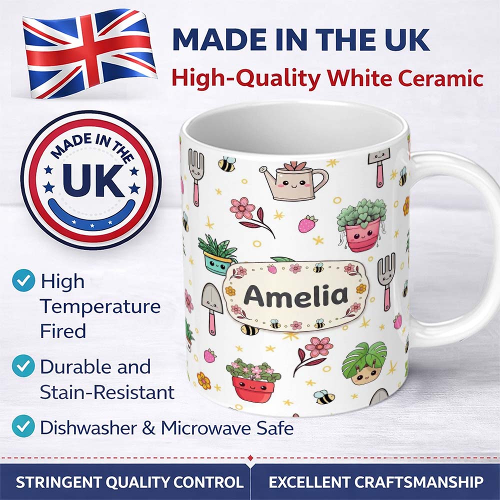 Personalized Custom Name Cute Kawaii Garden Tools Plants Bees Seamless Pattern White Floral 11oz Ceramic Coffee Tea Mug White Large Handle