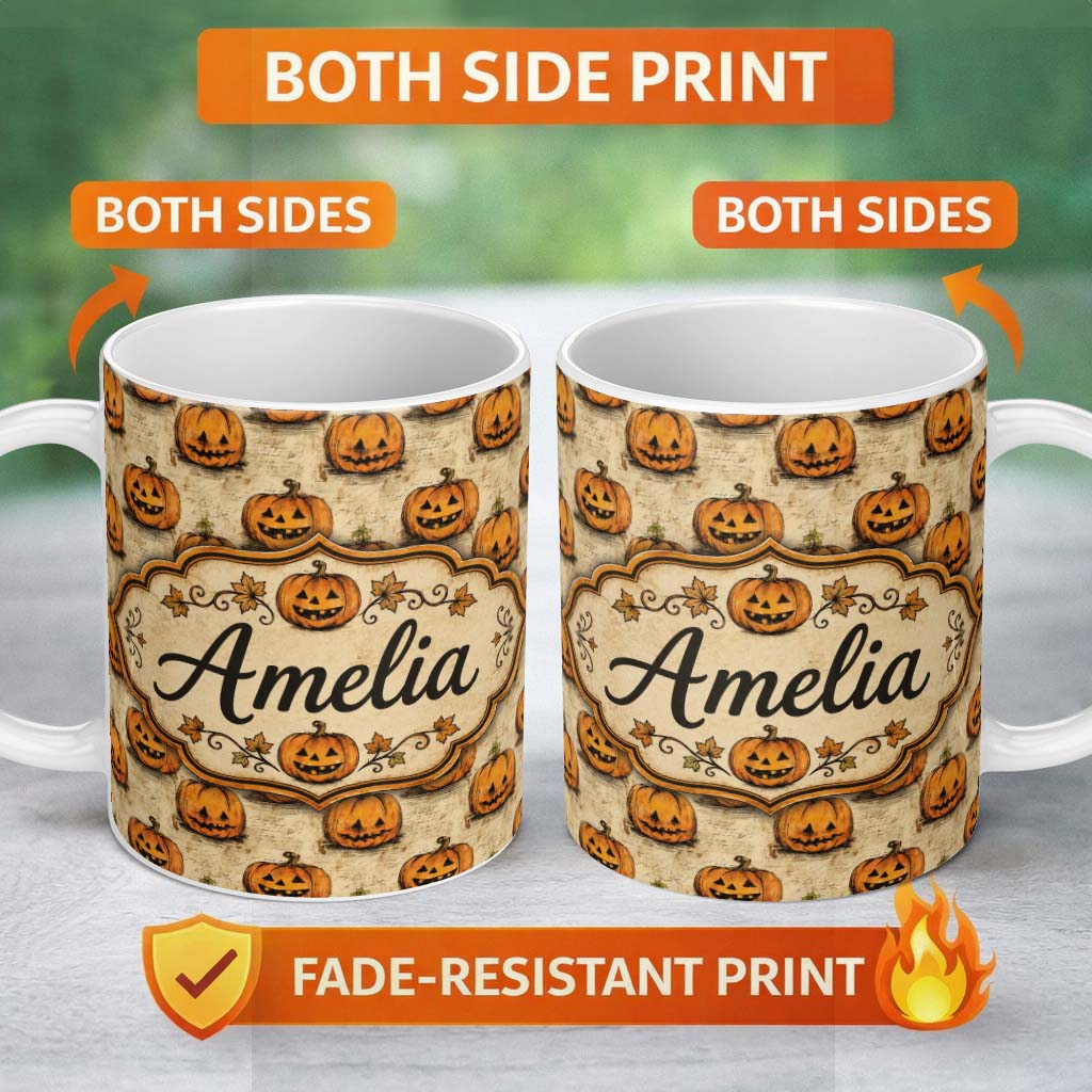 Personalized Custom Name Vintage Sketch Style Pumpkins on Script Background Halloween Lovely 11oz Ceramic Coffee Tea Mug White Large Handle