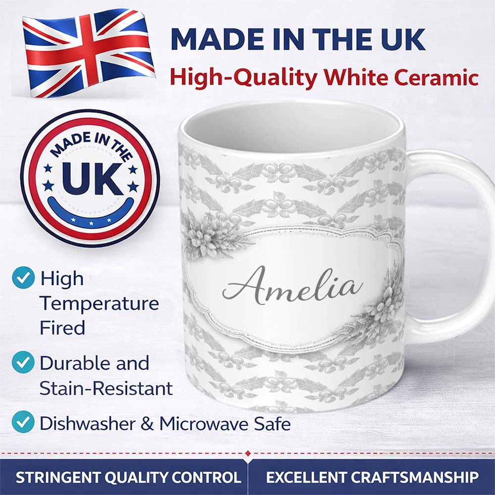 Personalized Custom Name Grey Ornamental Geometric Lace Pattern Elegant Seamless Design 11oz Ceramic Coffee Tea Mug White Large Handle