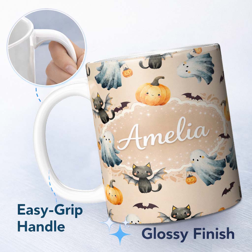 Personalized Custom Name Halloween Ghost Pumpkin Cat Seamless Pattern Warm Beige Cute Spooky 11oz Ceramic Coffee Tea Mug White Large Handle