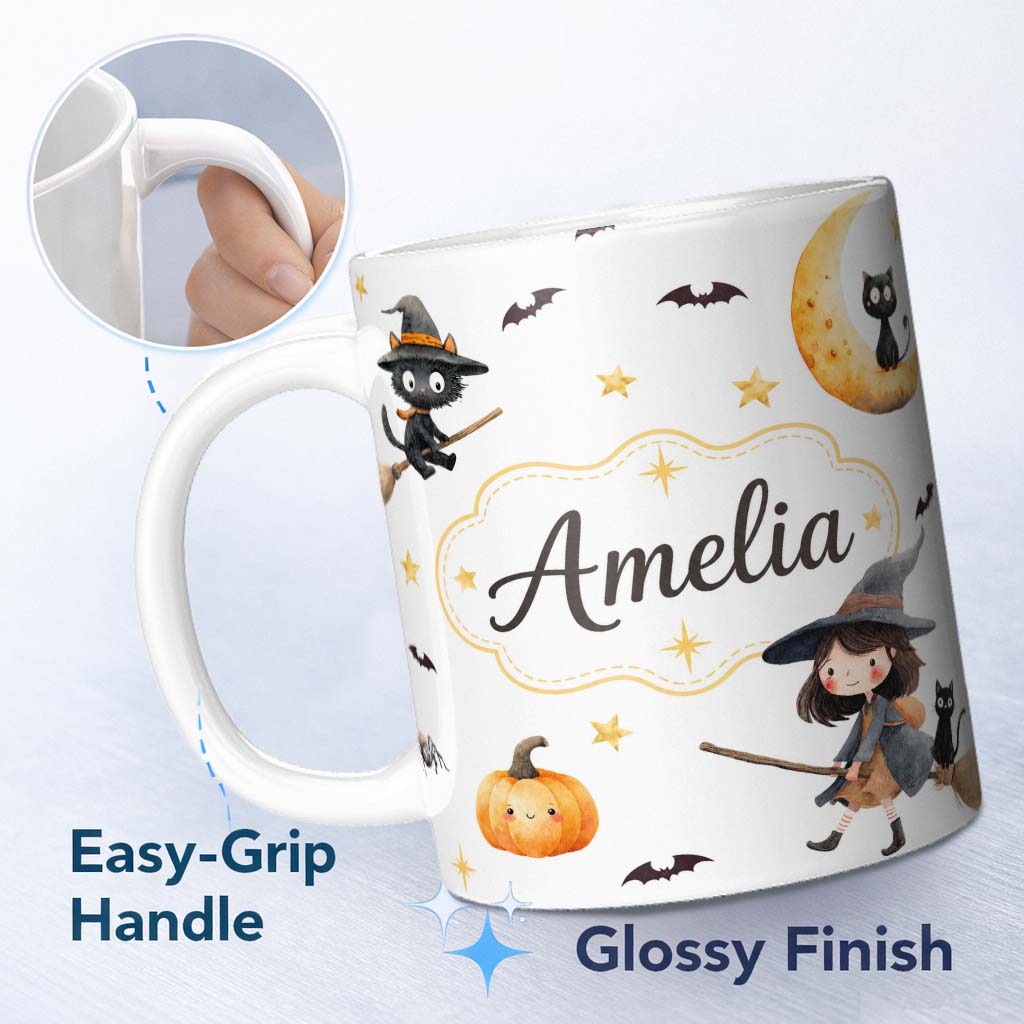 Personalized Custom Name Halloween Witch Girl with Black Cats Moon and Stars Light Grey 11oz Ceramic Coffee Tea Mug White Large Handle