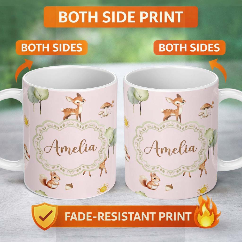 Personalized Custom Name Woodland Animals Deer Fox Squirrel Mushrooms on Blush Pink Seamless 11oz Ceramic Coffee Tea Mug White Large Handle