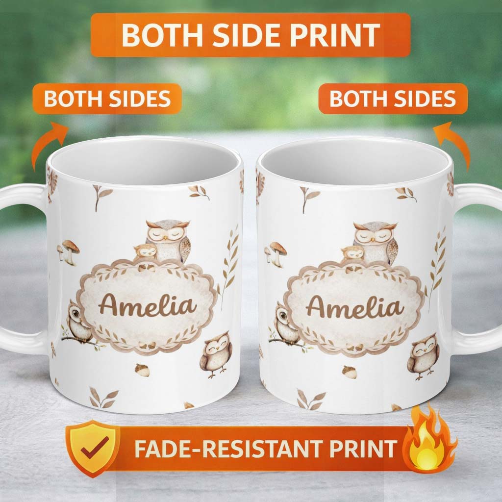 Personalized Custom Name Cute Woodland Owls with Mushrooms Leaves Light Grey Background 11oz Ceramic Coffee Tea Mug White Large Handle
