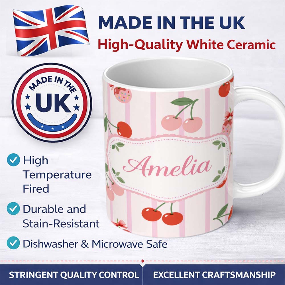 Personalized Custom Name Cherry Fruit Vertical Stripe Pink Background Seamless Pattern Lovely 11oz Ceramic Coffee Tea Mug White Large Handle
