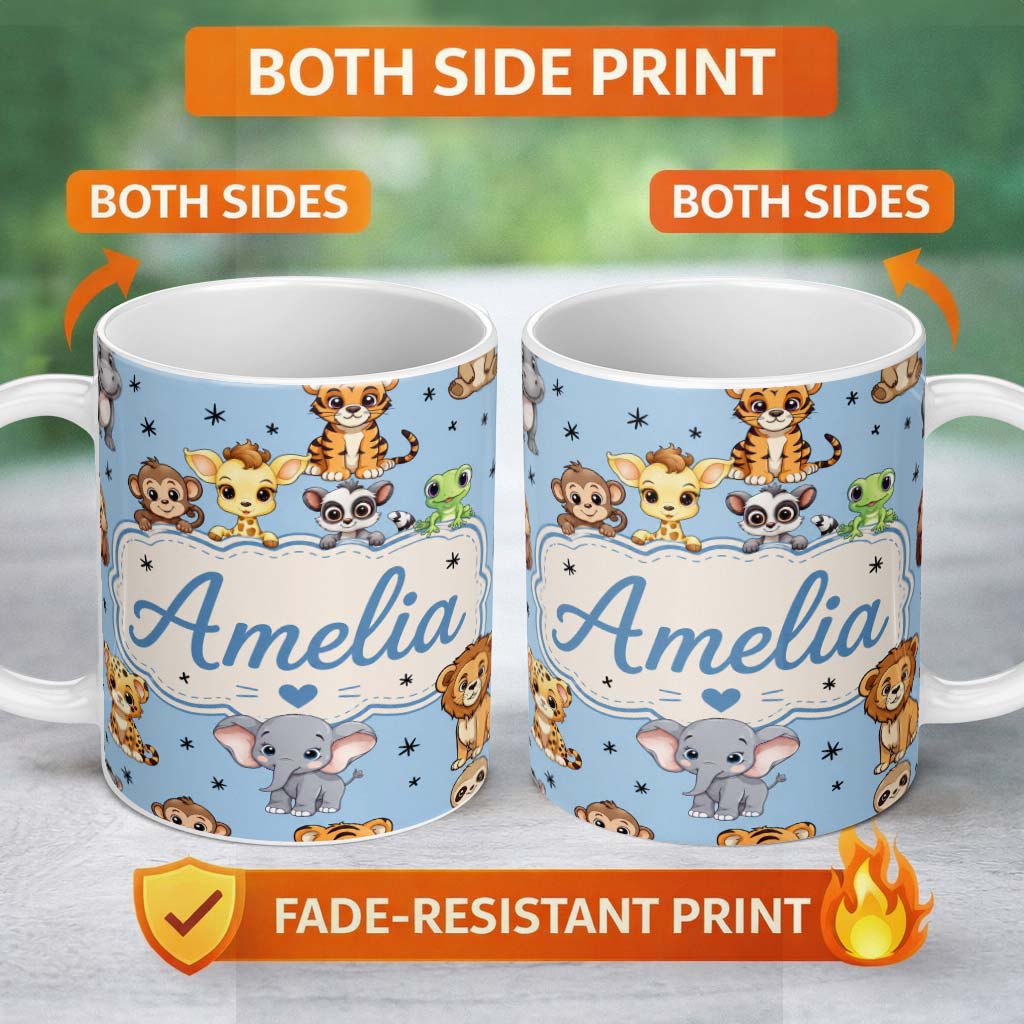 Personalized Custom Name Cute Jungle Baby Animals Lion Tiger Elephant Giraffe Sky Blue Lovely 11oz Ceramic Coffee Tea Mug White Large Handle
