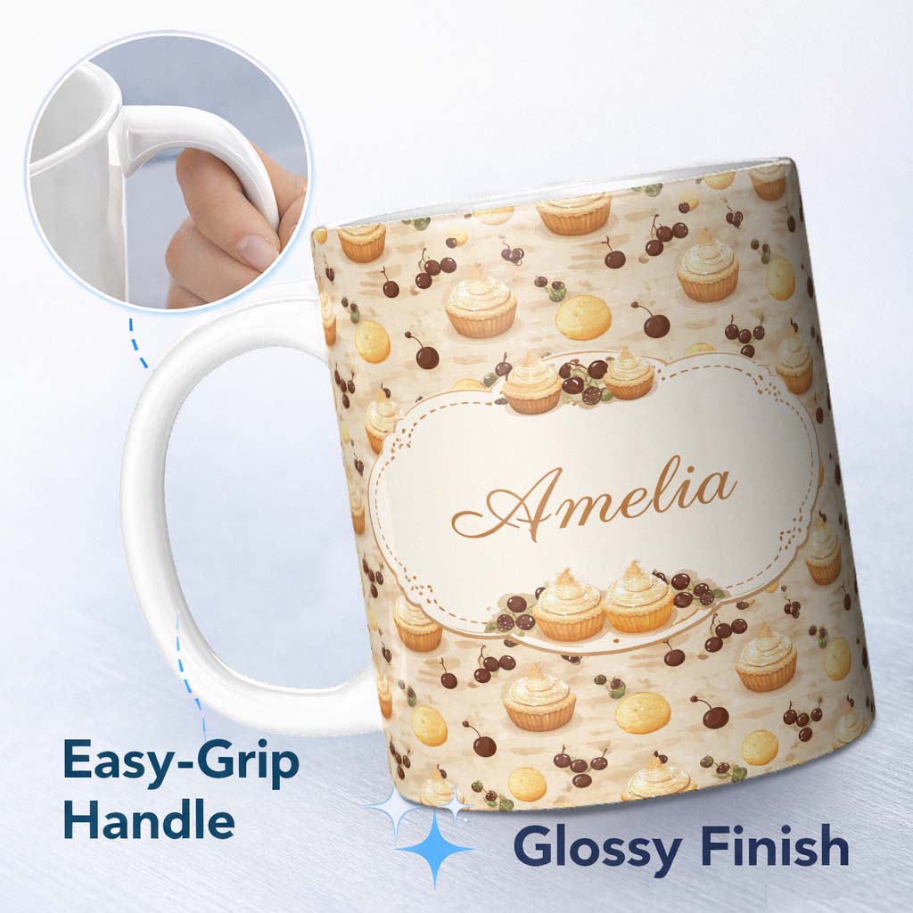 Personalized Custom Name Cherry Topped Cupcake and Dessert Illustration Seamless Pattern 11oz Ceramic Coffee Tea Mug White Large Handle
