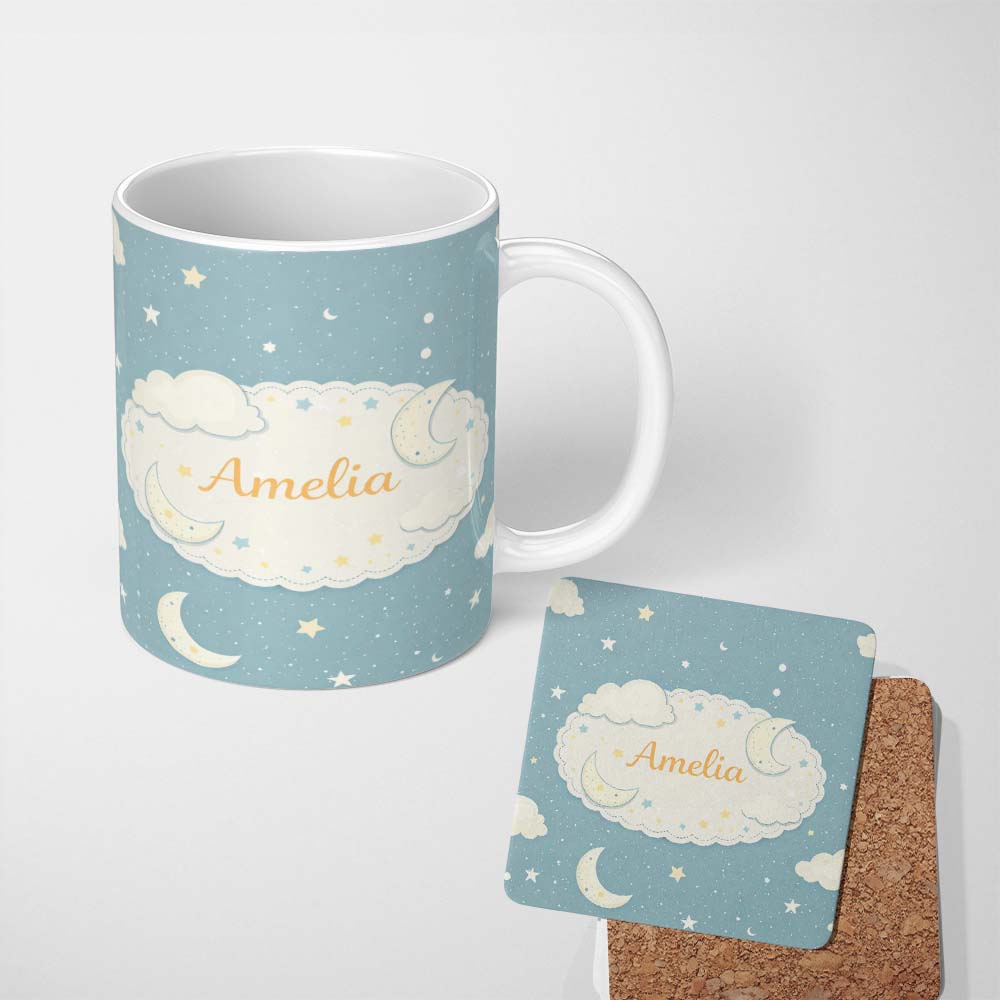 Personalized Custom Name Light Blue Night Sky Moon Hanging Stars Cute Seamless Pattern Lovely 11oz Ceramic Coffee Tea Mug White Large Handle