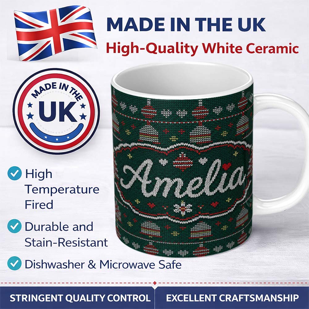 Personalized Custom Name Green Christmas Ornament Tree Knitted Seamless Pattern Lovely 11oz Ceramic Coffee Tea Mug White Large Handle