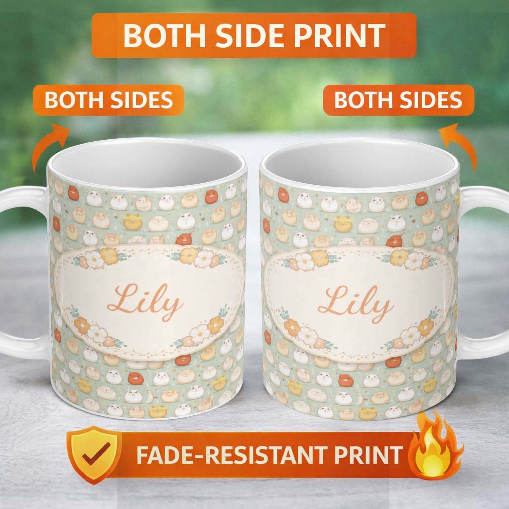 Personalized Custom Name Mixed Cute Hamster Pastel Character Seamless Pattern Lovely 11oz Ceramic Coffee Tea Mug White Large Handle