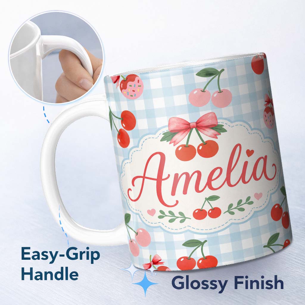 Personalized Custom Name Cute Cherry Fruit with Bow and Sprinkles Pattern Blue Gingham Check 11oz Ceramic Coffee Tea Mug White Large Handle