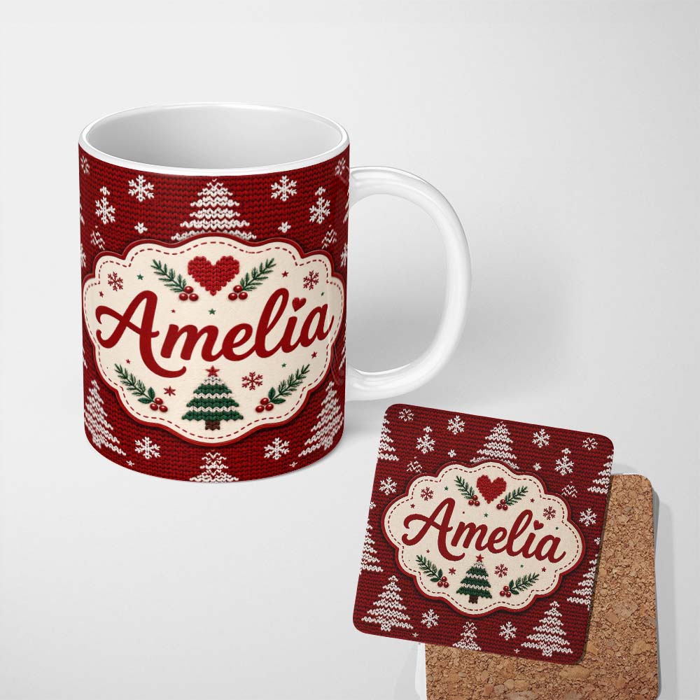 Personalized Custom Name Cute Red White Knitted Christmas Tree Snowflake Nordic Seamless 11oz Ceramic Coffee Tea Mug White Large Handle