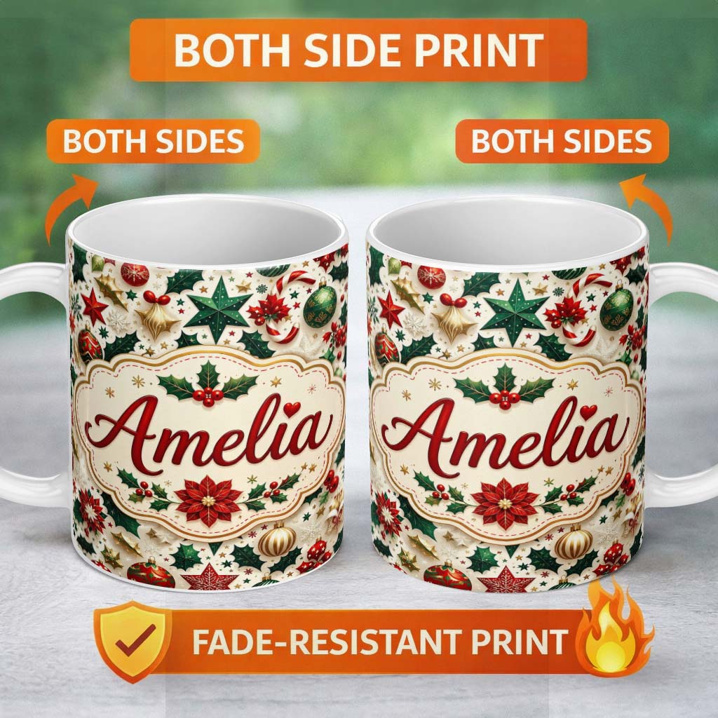 Personalized Custom Name Festive Christmas Stars Ornaments Holly Leaves Seamless Pattern 11oz Ceramic Coffee Tea Mug White Large Handle