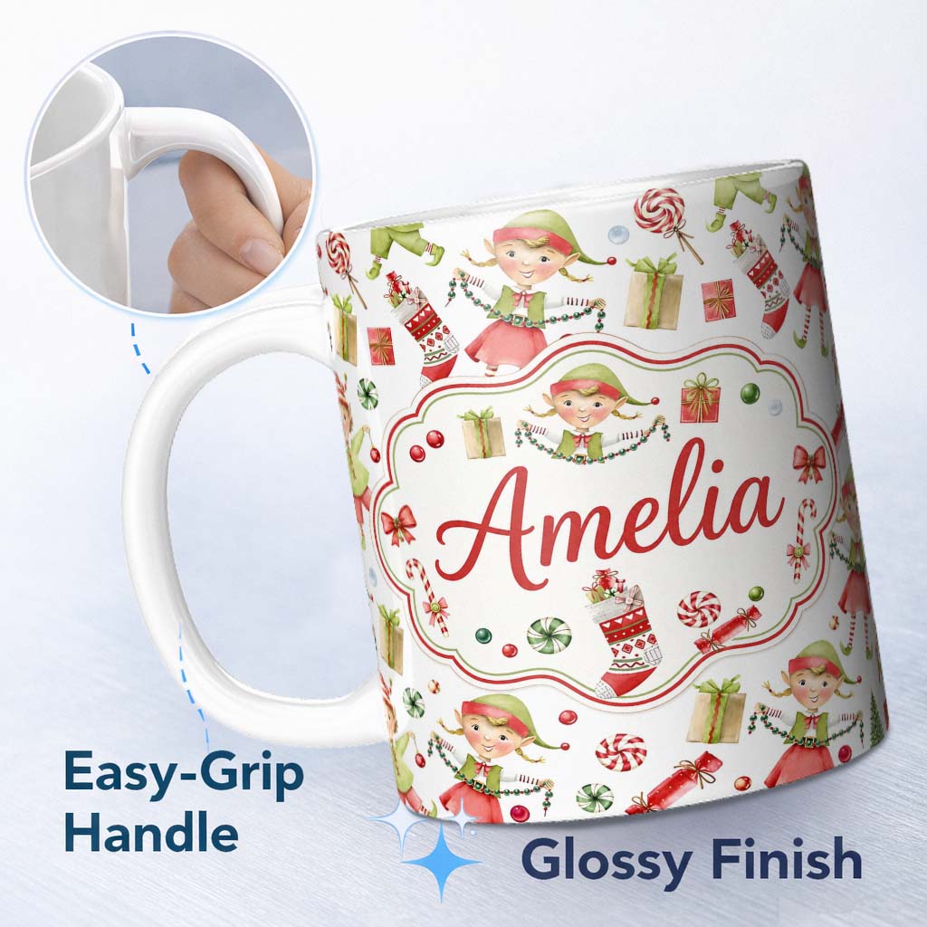 Personalized Custom Name Cute Christmas Elves Candy Cane Gifts Seamless Pattern Lovely 11oz Ceramic Coffee Tea Mug White Large Handle