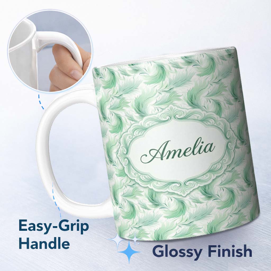 Personalized Custom Name Abstract Mint Green Flowing Feather Swirl Seamless Pattern Lovely 11oz Ceramic Coffee Tea Mug White Large Handle