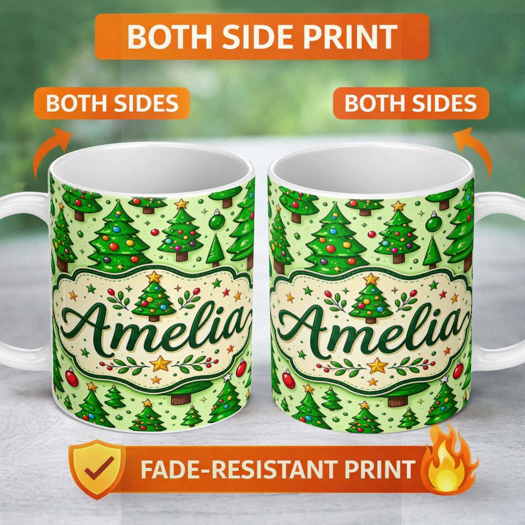 Personalized Custom Name Cartoon Christmas Trees Green Ornaments Cute Holiday Seamless Lovely 11oz Ceramic Coffee Tea Mug White Large Handle