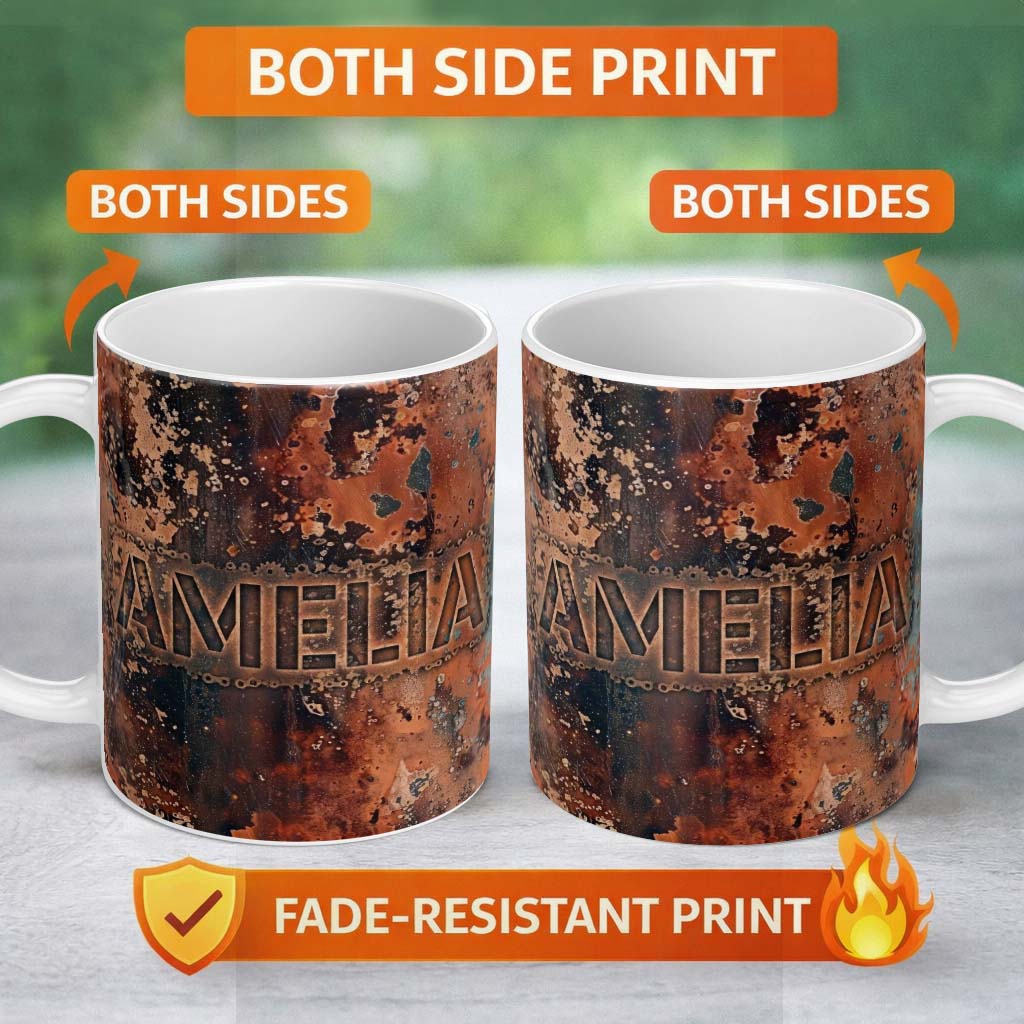 Personalized Custom Name Vertical Rust Drip Texture Dark Industrial Grunge Seamless Pattern 11oz Ceramic Coffee Tea Mug White Large Handle