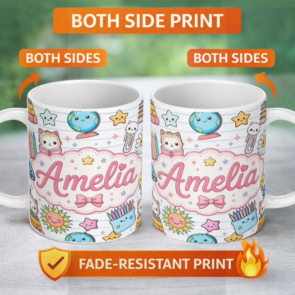 Personalized Custom Name Cute Kawaii School Cat Books Stationery Seamless Pattern Blue Lines 11oz Ceramic Coffee Tea Mug White Large Handle