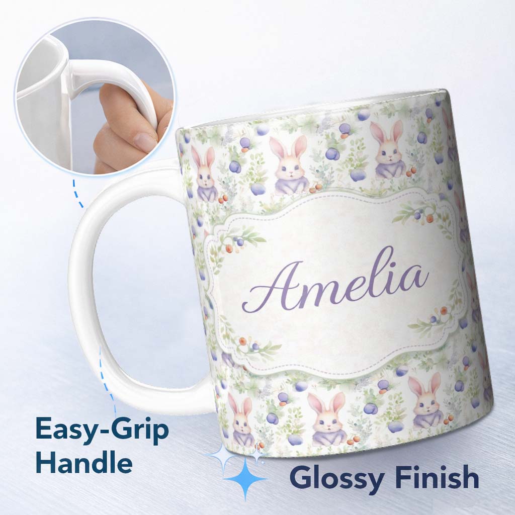 Personalized Custom Name Vibrant Abstract Bunny Portrait Seamless Pattern Cute Unique Gift 11oz Ceramic Coffee Tea Mug White Large Handle
