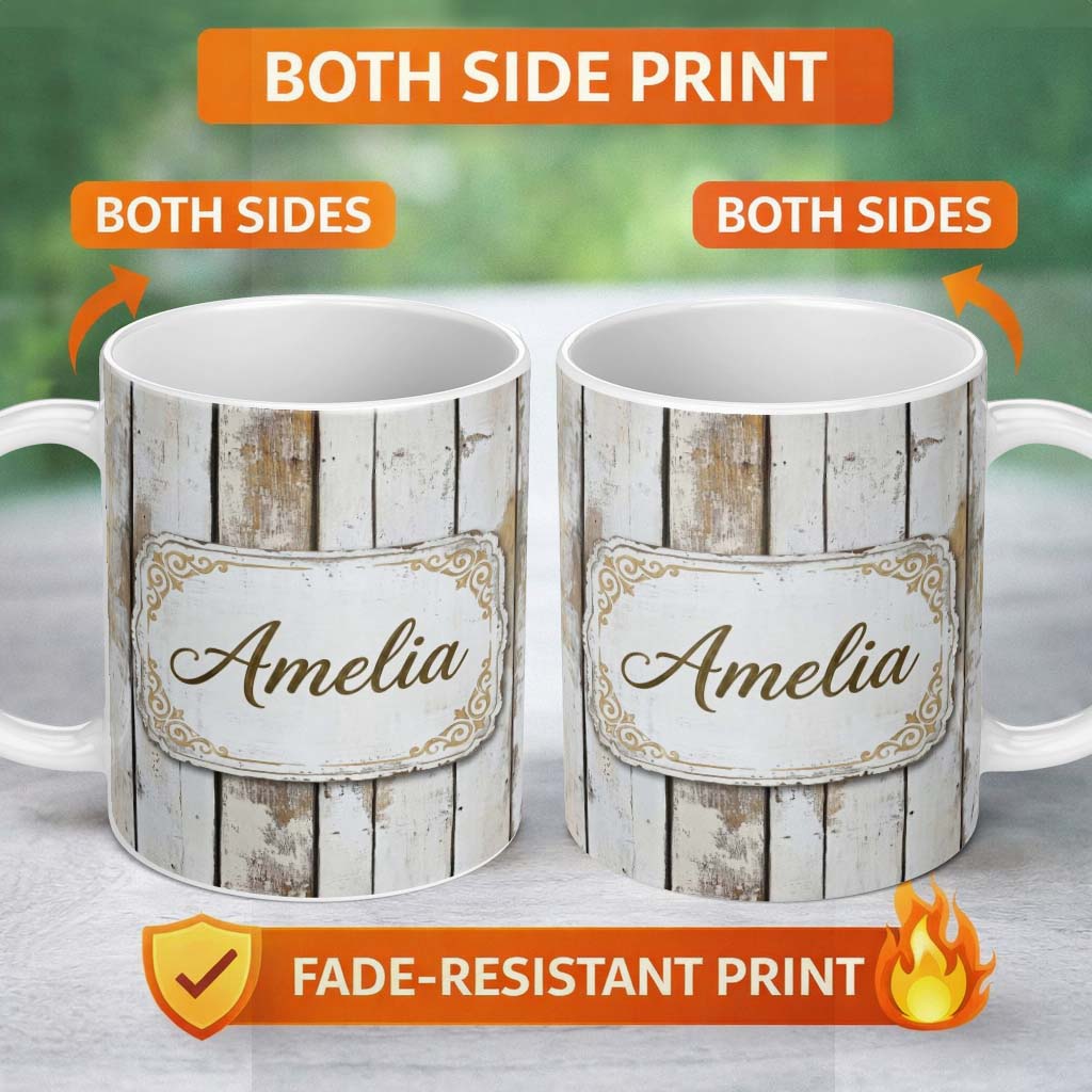 Personalized Custom Name Vertical Weathered Wooden Planks Whitewashed Distressed Lovely 11oz Ceramic Coffee Tea Mug White Large Handle