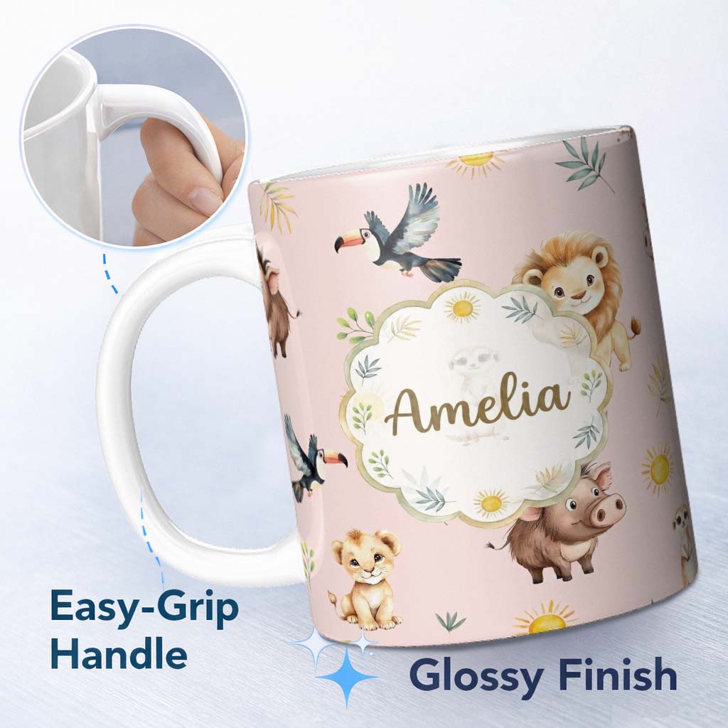 Personalized Custom Name Jungle Animals Lion Meerkat Toucan Boar on Blush Pink Seamless 11oz Ceramic Coffee Tea Mug White Large Handle