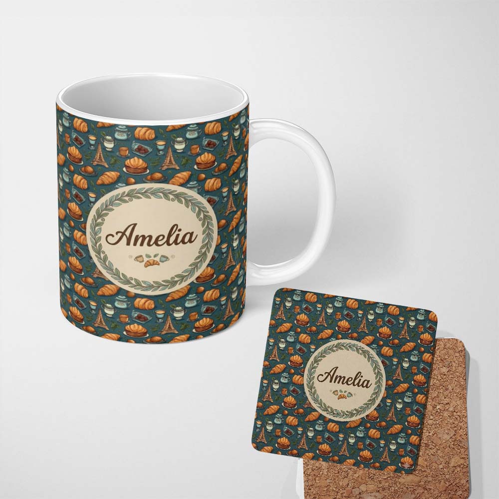 Personalized Custom Name French Bakery Theme Croissant Eiffel Tower Coffee Seamless Pattern 11oz Ceramic Coffee Tea Mug White Large Handle