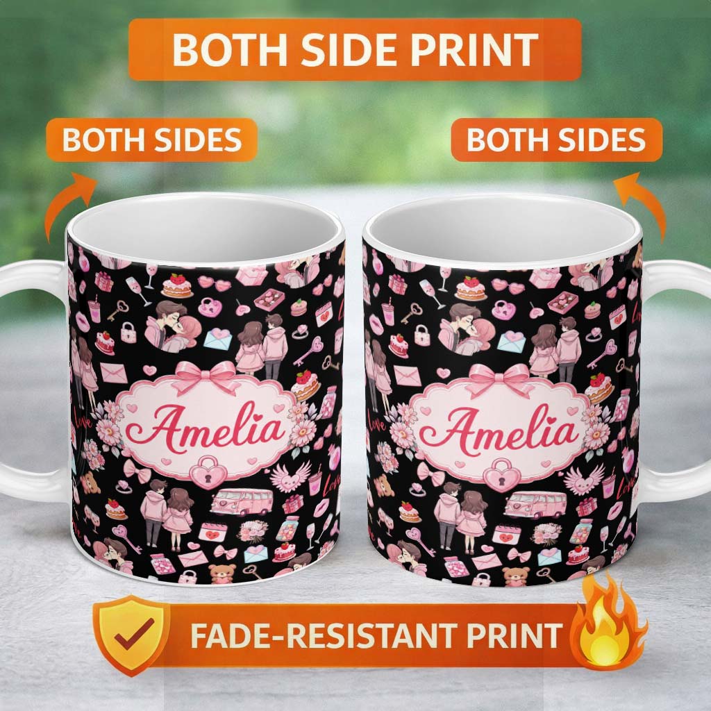 Personalized Custom Name Cute Love Couple Gifts Cakes Teddy Bear Seamless Pattern Black 11oz Ceramic Coffee Tea Mug White Large Handle
