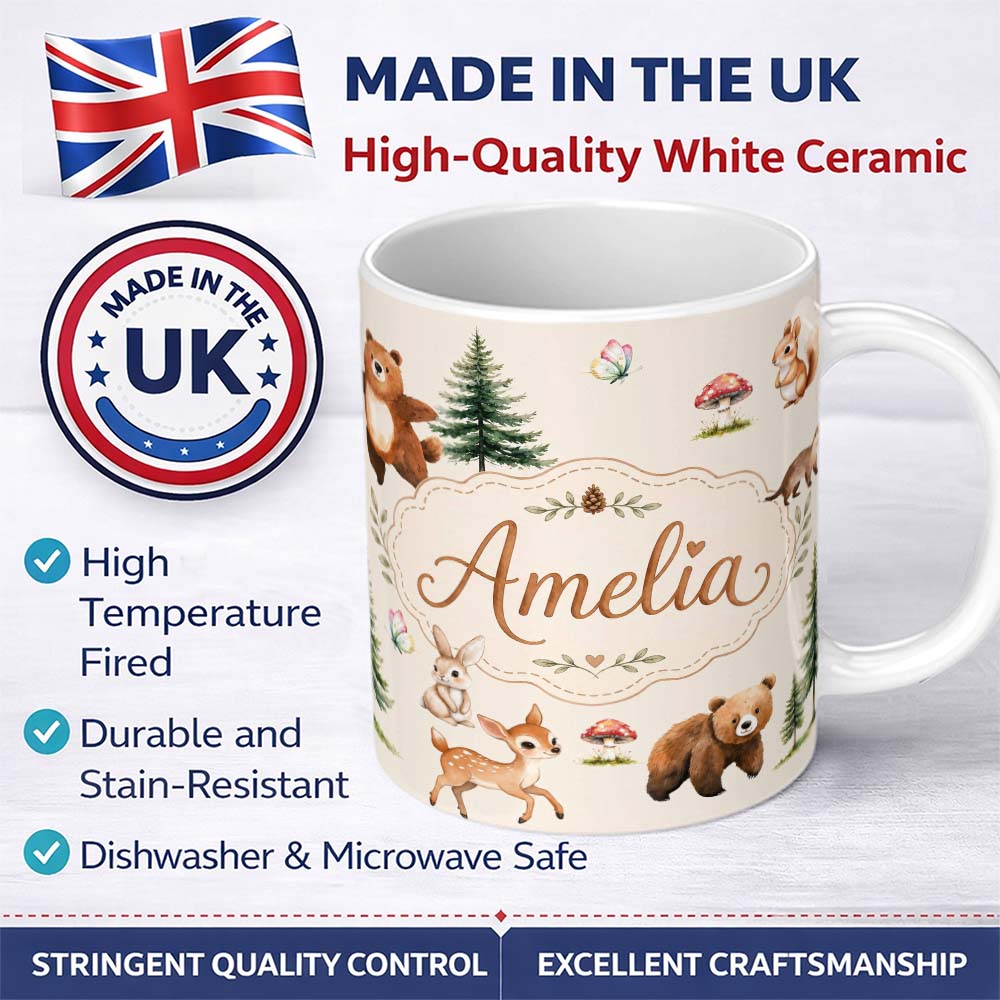 Personalized Custom Name Bear Bunny Squirrel Trees Mushrooms Butterfly Soft White Seamless 11oz Ceramic Coffee Tea Mug White Large Handle
