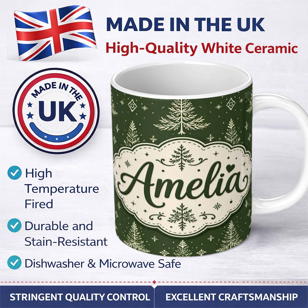 Personalized Custom Name Classic White Fir Trees Nordic Style Green Seamless Pattern Lovely 11oz Ceramic Coffee Tea Mug White Large Handle