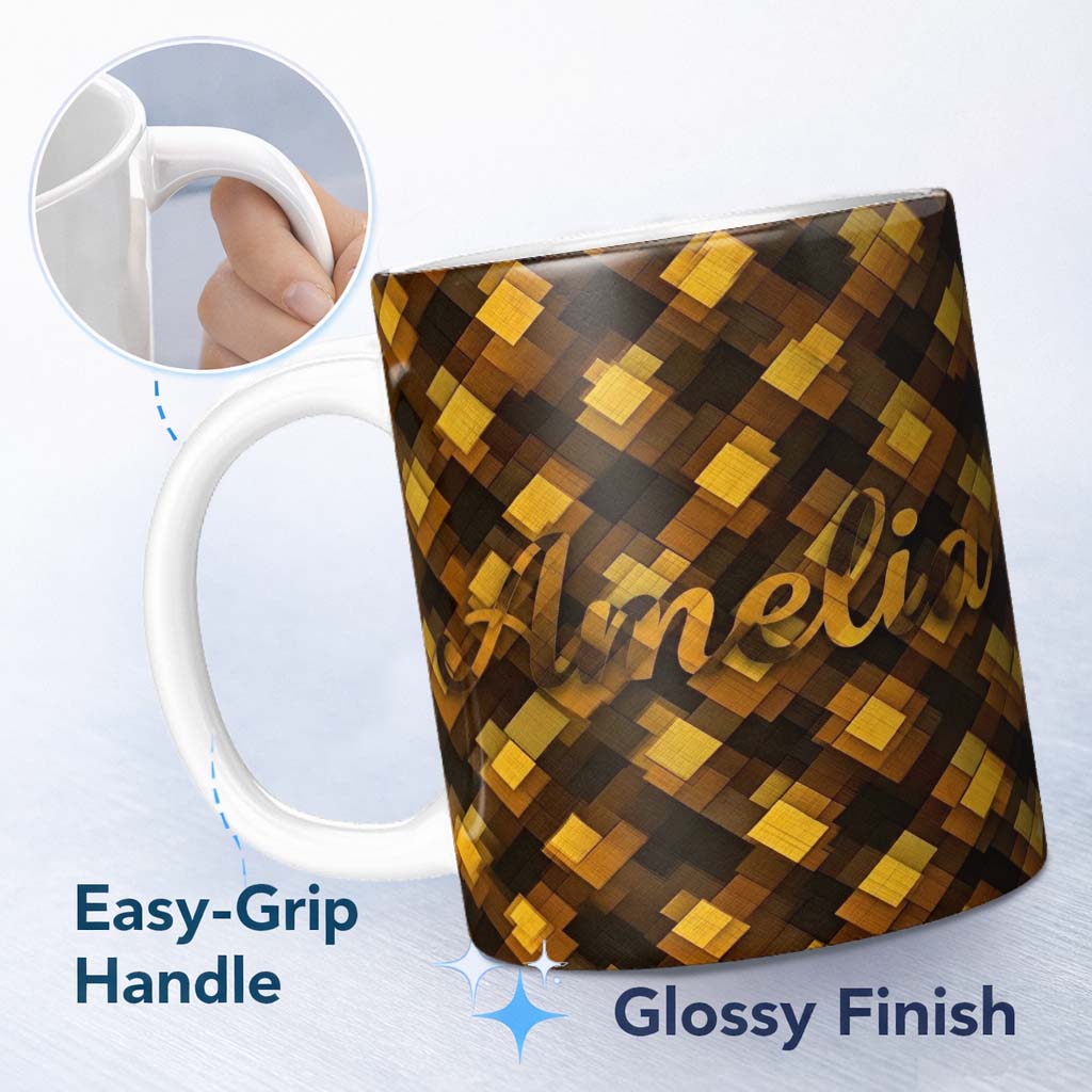 Personalized Custom Name Brown Gold Geometric Square Abstract Seamless Pattern Lovely 11oz Ceramic Coffee Tea Mug White Large Handle