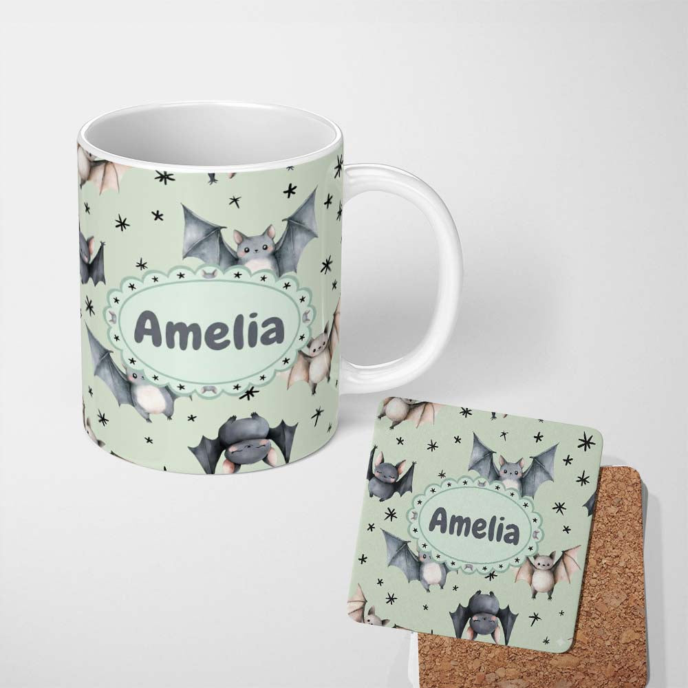 Personalized Custom Name Cute Baby Bats Flying with Stars Soft Sage Green Background 11oz Ceramic Coffee Tea Mug White Large Handle