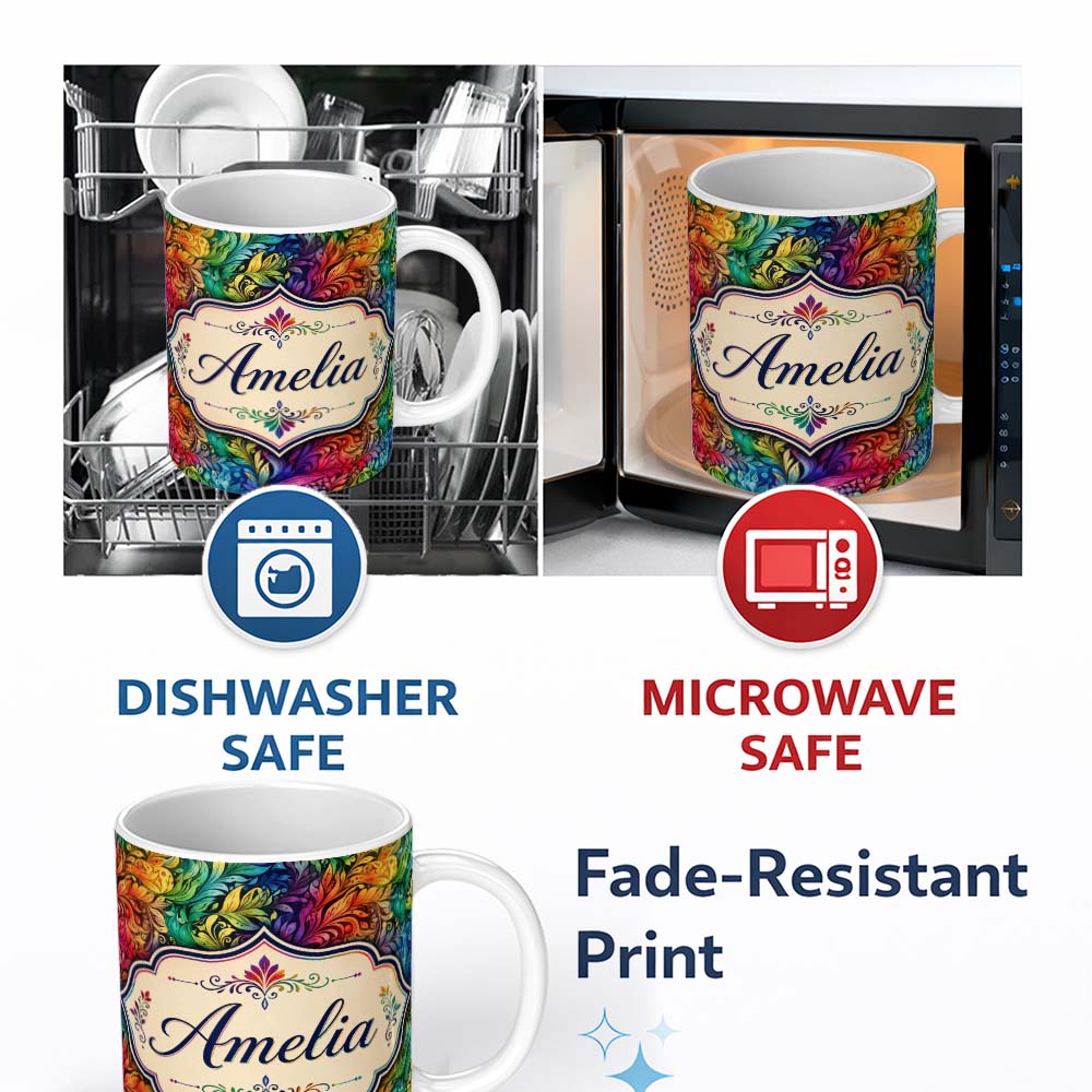 Personalized Custom Name Rainbow Abstract Leaf Swirl Seamless Pattern Thoughtful Gift Idea 11oz Ceramic Coffee Tea Mug White Large Handle
