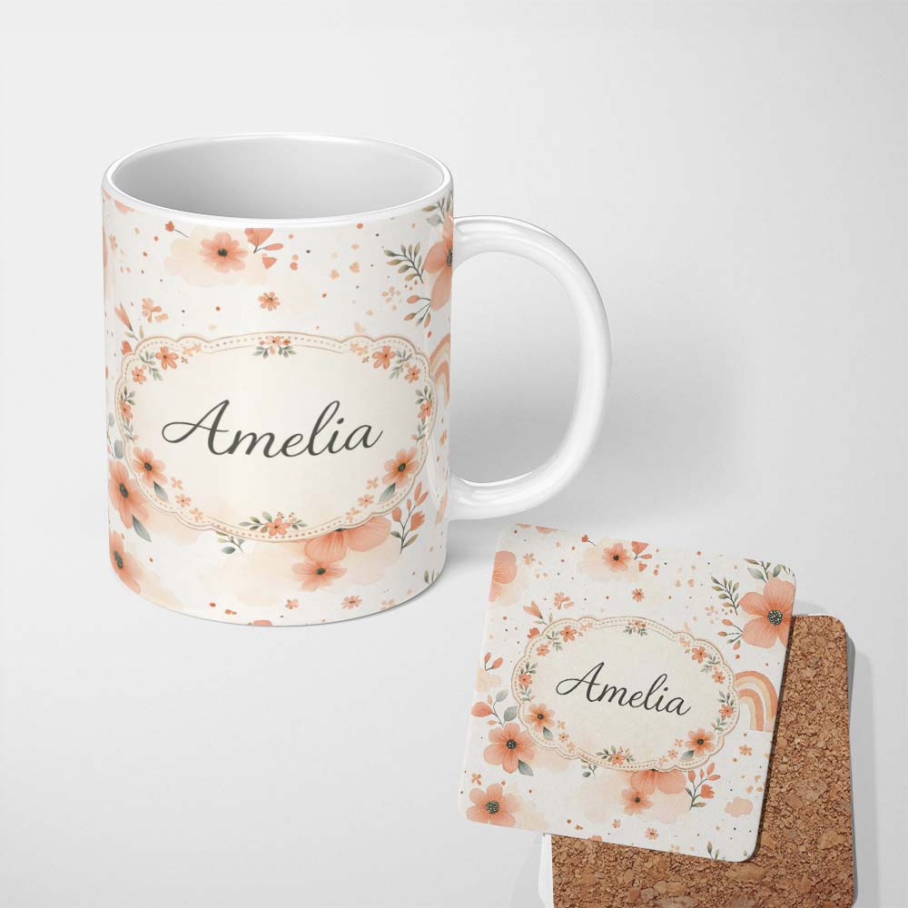 Personalized Custom Name Soft Rainbow Floral Nursery Pattern Pastel Seamless Watercolour 11oz Ceramic Coffee Tea Mug White Large Handle