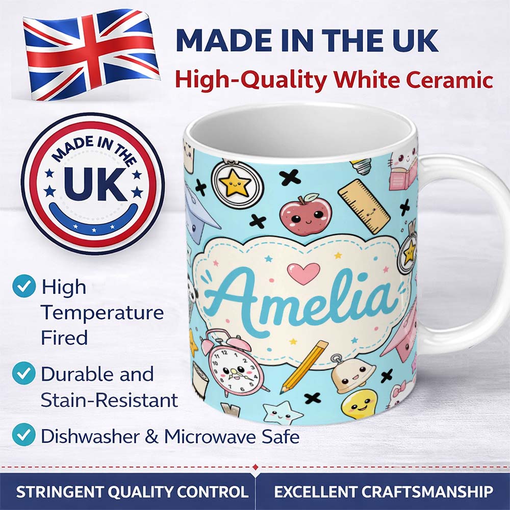 Personalized Custom Name Cute Kawaii School Cat Books Apple Clock Supplies Pattern Blue 11oz Ceramic Coffee Tea Mug White Large Handle