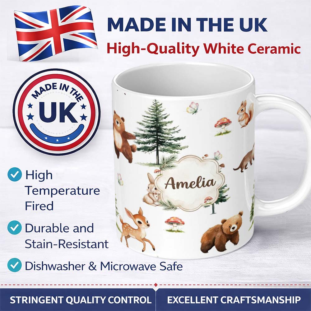 Personalized Custom Name Bear Bunny Deer Squirrel Trees Mushrooms Butterfly Soft Grey 11oz Ceramic Coffee Tea Mug White Large Handle