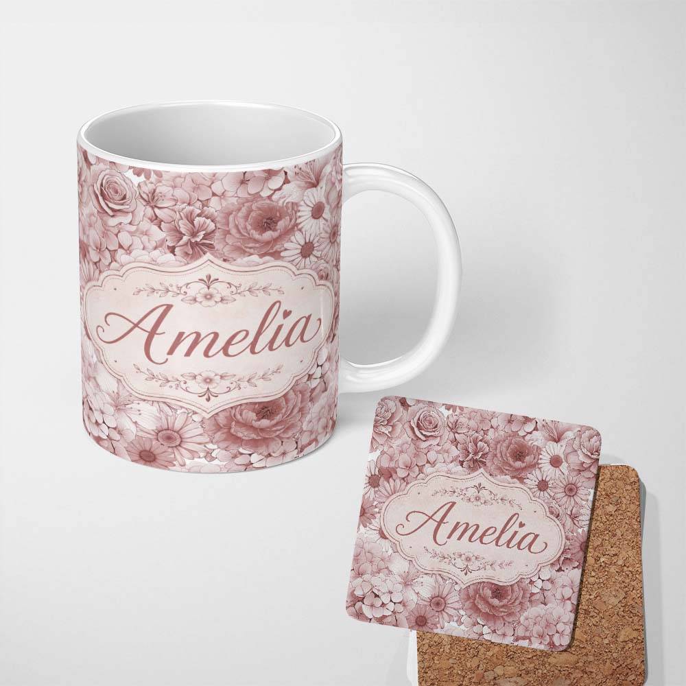 Personalized Custom Name Warm Blush Pink Floral Bouquet Seamless Pattern with Roses Peonies 11oz Ceramic Coffee Tea Mug White Large Handle