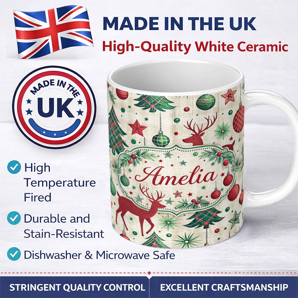 Personalized Custom Name Red Reindeer Christmas Ornaments Festive Seamless Pattern Lovely 11oz Ceramic Coffee Tea Mug White Large Handle